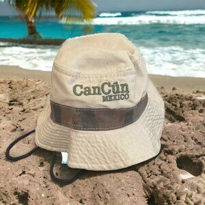 Bucket Hat, Beige with Brown Stripe, Caption reads "CanCun Mexico," Chin Strap